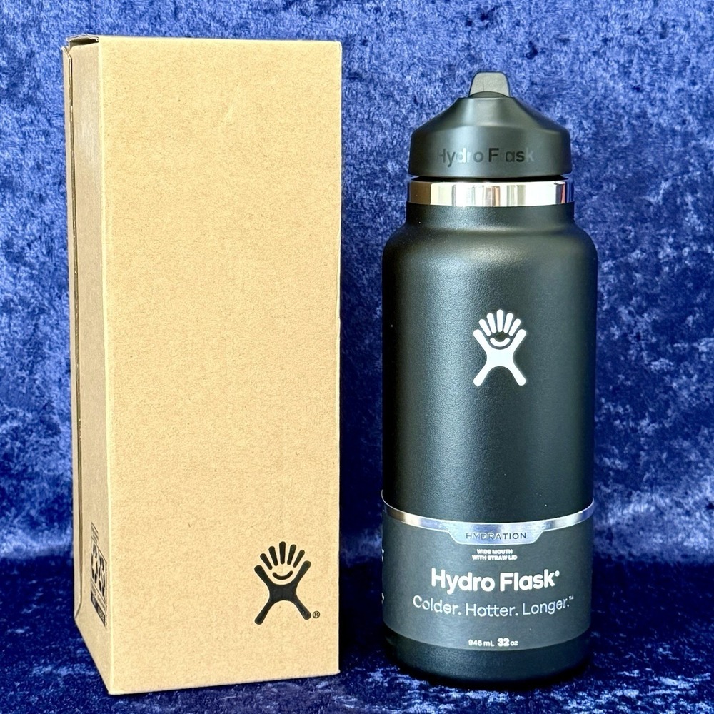 Hydro Flask 32oz Wide Mouth Flex Cap Water Bottle Stainless Steel Black NEW +Box